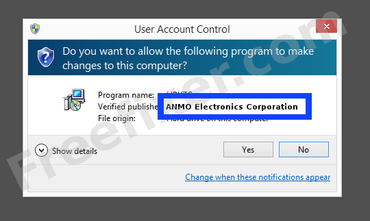 Screenshot where ANMO Electronics Corporation appears as the verified publisher in the UAC dialog
